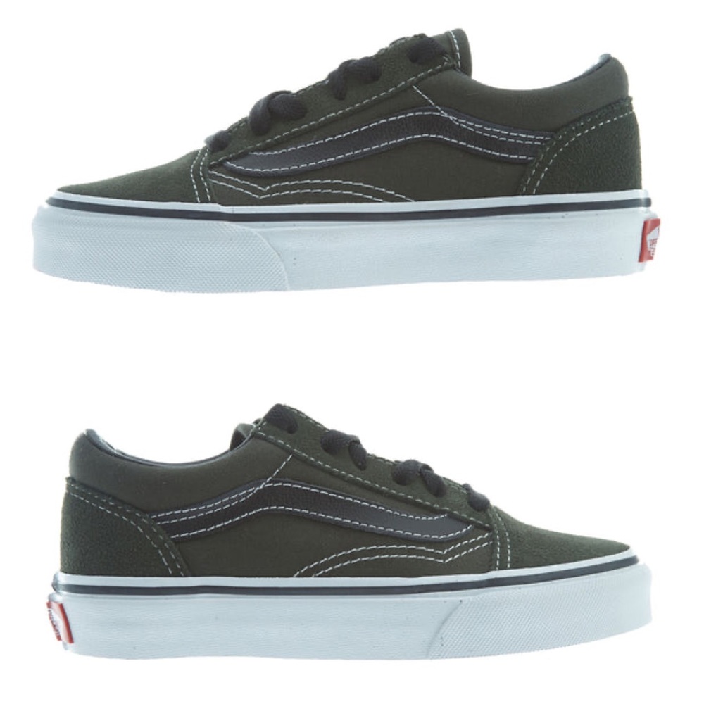 Vans Old Skool Low Top Sneakers Suede Duffel Bag Black Dark Army Green Kids 2.5
